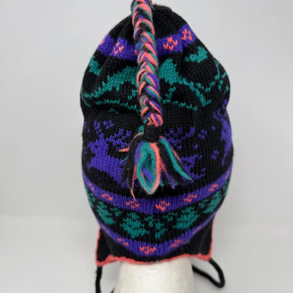 Hood Hats 100% Wool Peruvian Beanie Reindeer Fair Isle Earflap Hat Purple Size S